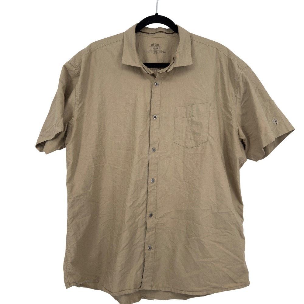 Kuhl Mens XXL Khaki Tan Short Sleeve Button Down Shirt Textured Hiking Outdoor